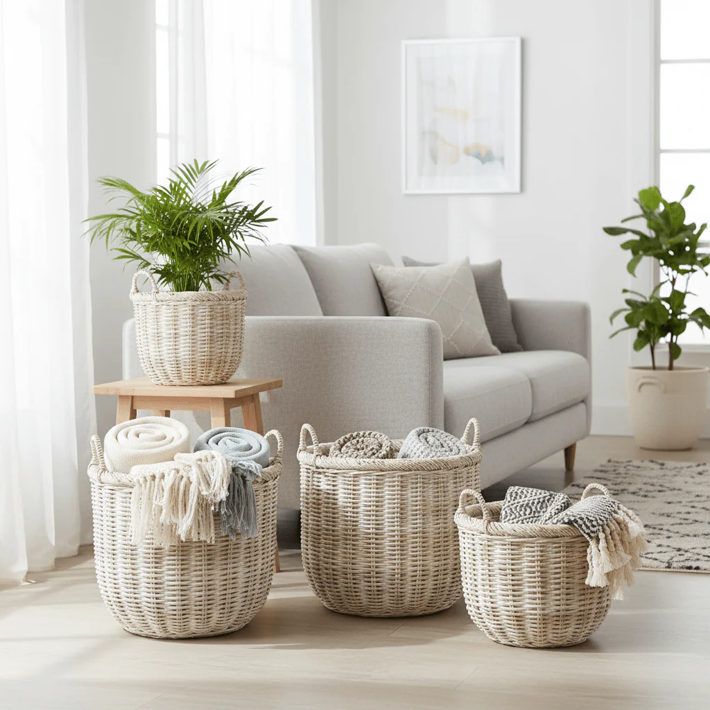 Argento Whitewash Rattan Storage Baskets- Set of 3 - Image 7