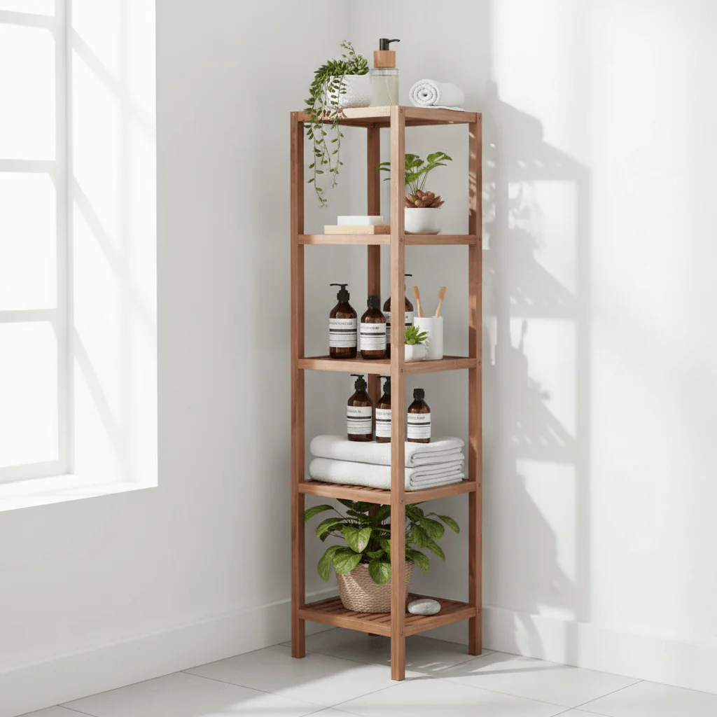ARLA 5 Tier Walnut Wood Bathroom Shelf Unit - Image 4