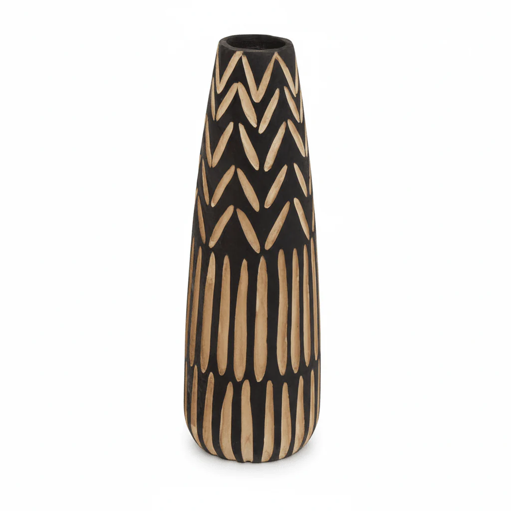 Arlo Large Wooden Engraved Vase In Black And Natural - Image 5