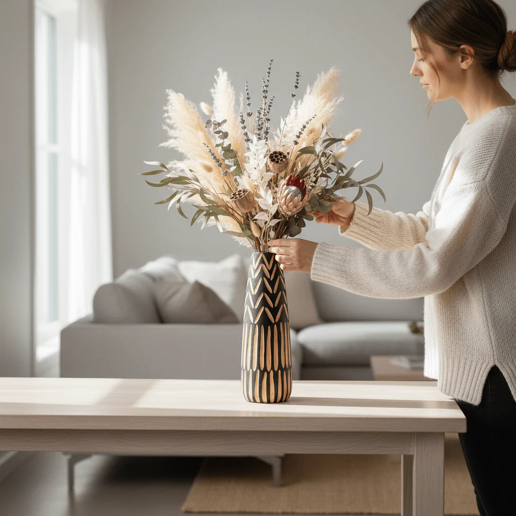 Arlo Large Wooden Engraved Vase In Black And Natural - Image 6