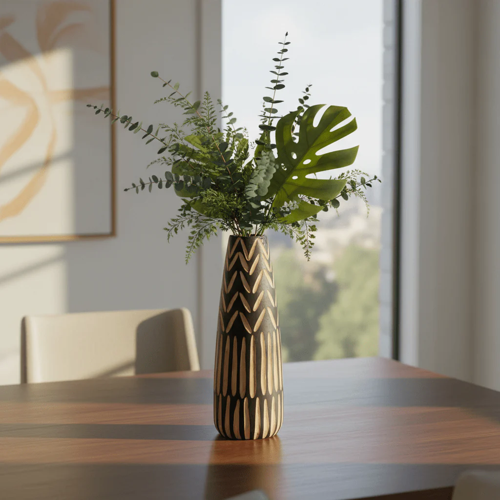 Arlo Large Wooden Engraved Vase In Black And Natural - Image 7