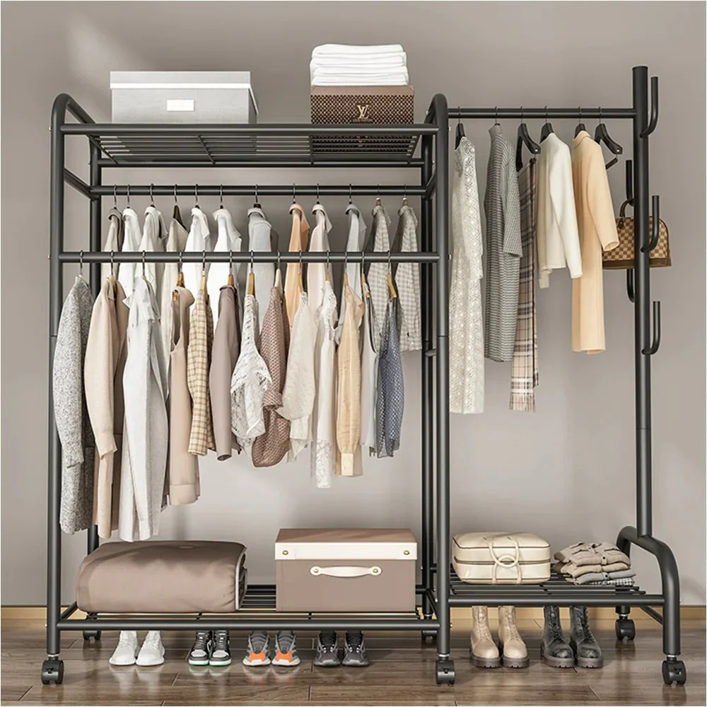 Coat Rack Movable Double Tier - Floor Standing Clothes Rail with Wheels for Bedroom Storage - Image 13