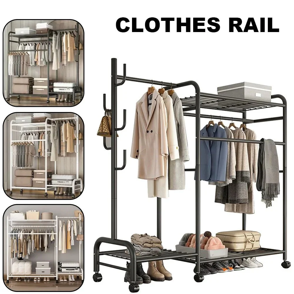 Coat Rack Movable Double Tier - Floor Standing Clothes Rail with Wheels for Bedroom Storage - Image 3