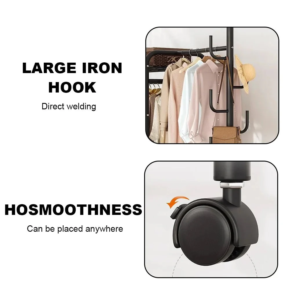 Coat Rack Movable Double Tier - Floor Standing Clothes Rail with Wheels for Bedroom Storage - Image 4
