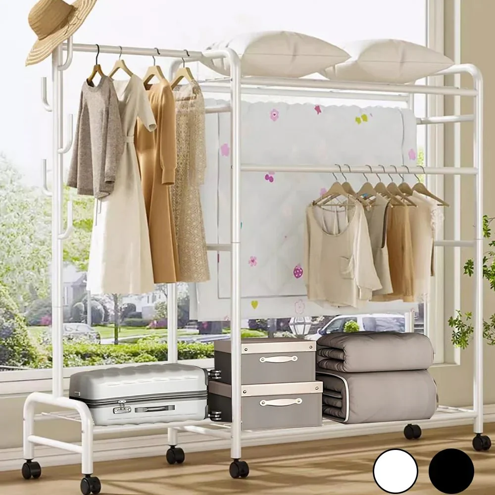Coat Rack Movable Double Tier - Floor Standing Clothes Rail with Wheels for Bedroom Storage - Image 7