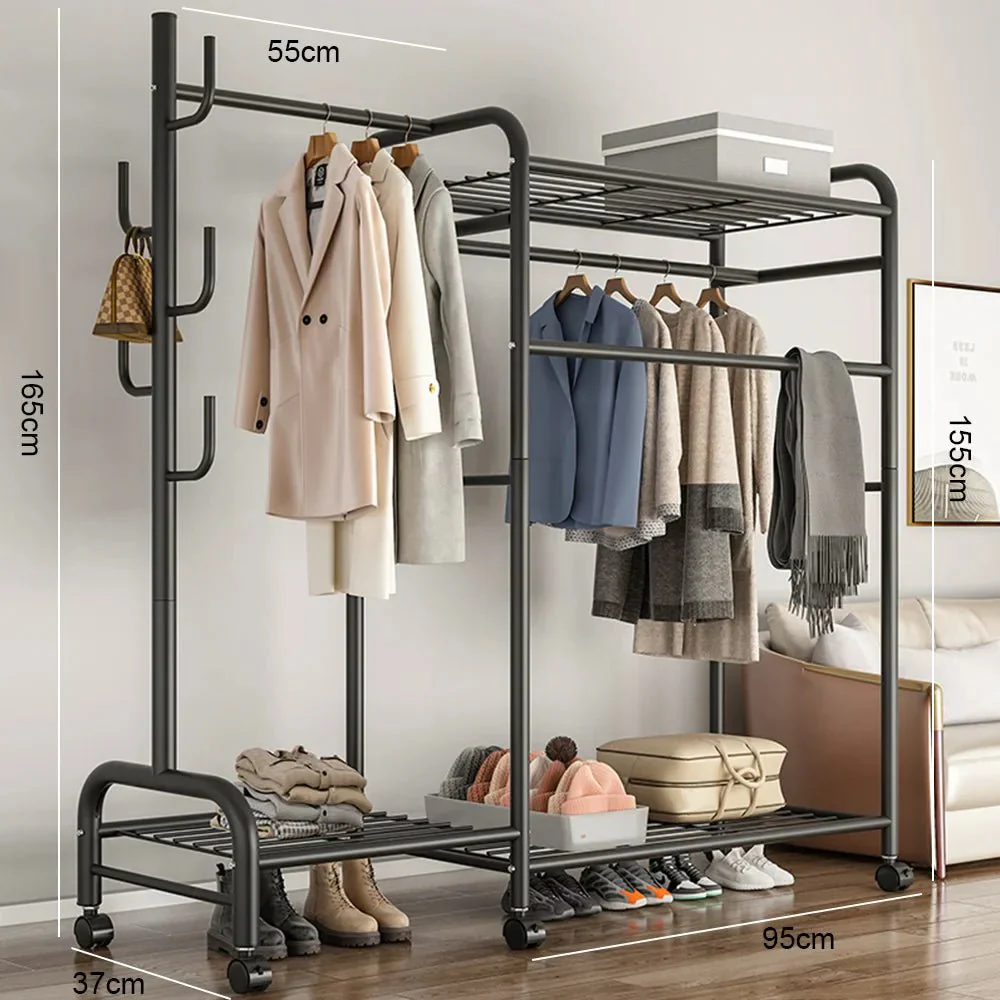 Coat Rack Movable Double Tier - Floor Standing Clothes Rail with Wheels for Bedroom Storage - Image 8