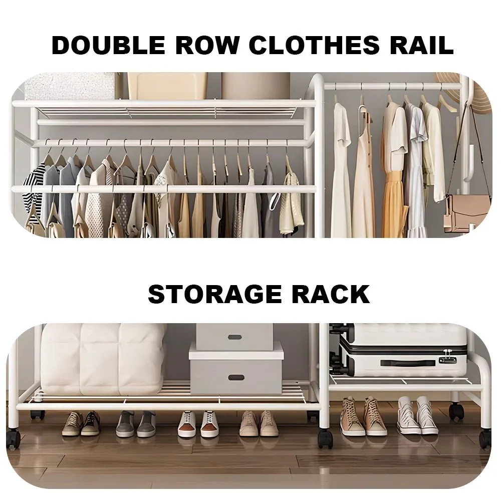 Coat Rack Movable Double Tier - Floor Standing Clothes Rail with Wheels for Bedroom Storage - Image 9