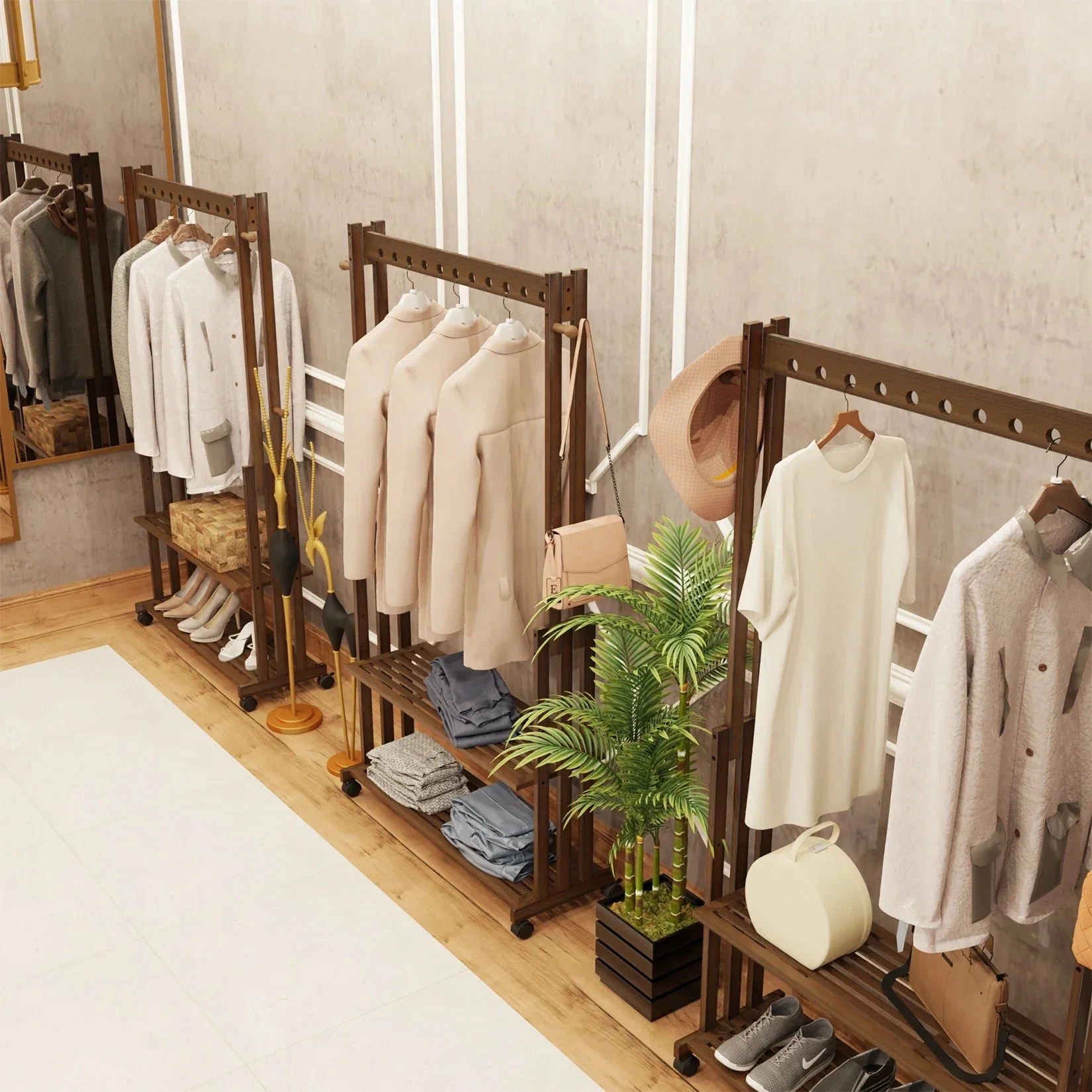 Hall Tree Hat and Coat Stand Entryway Hallway Clothes Rail Rack, 2 Shoe Shelves with Wheels, Open Wardrobe - Image 3