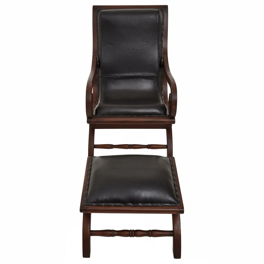 Inca Genuine Black Leather and Teak Lounge Chair with Footstool
