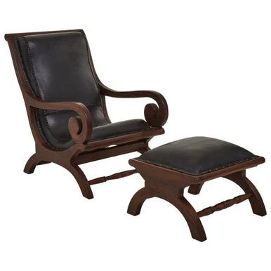Inca Genuine Black Leather and Teak Lounge Chair with Footstool - Image 12