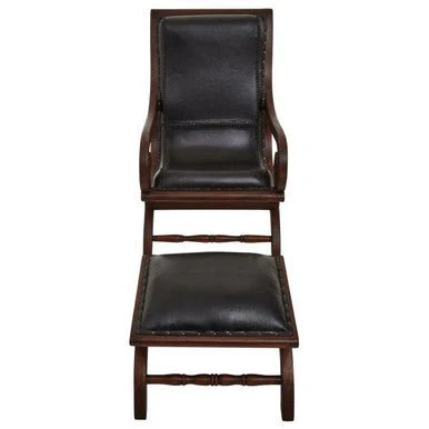 Inca Genuine Black Leather and Teak Lounge Chair with Footstool - Image 5