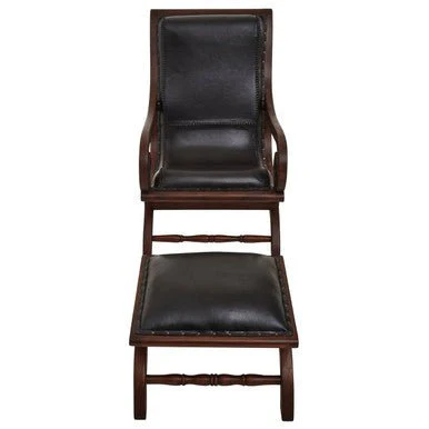 Inca Genuine Black Leather and Teak Lounge Chair with Footstool - Image 6