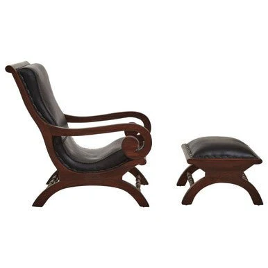 Inca Genuine Black Leather and Teak Lounge Chair with Footstool - Image 8