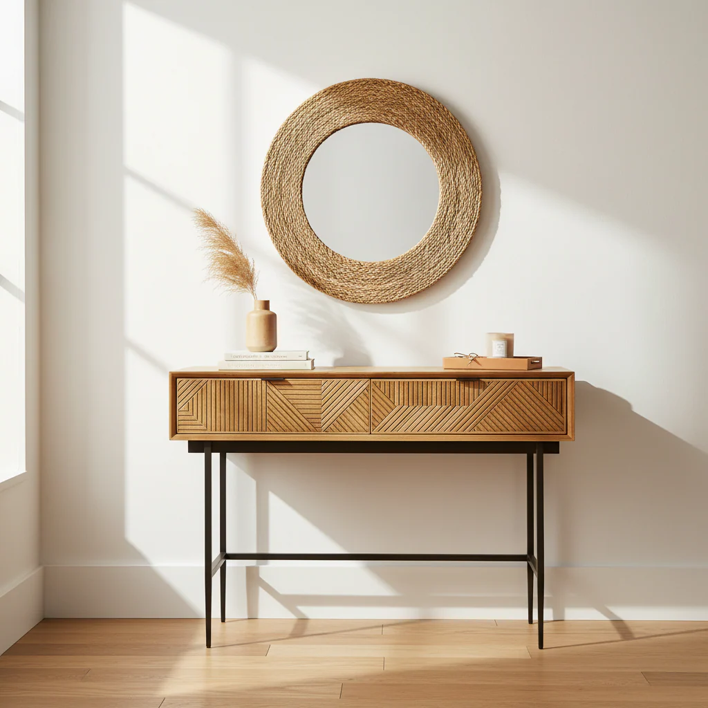 Jakara Two Drawer Natural Finish Console Table With Black Metal Legs - Image 4