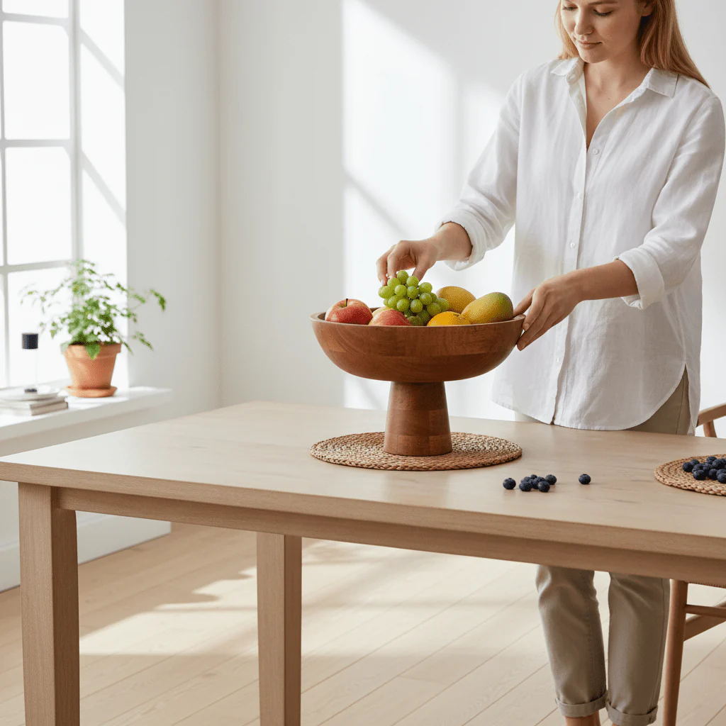 Kara Mango Wood Serving or Fruit Bowl with Pedestal Base - Image 4