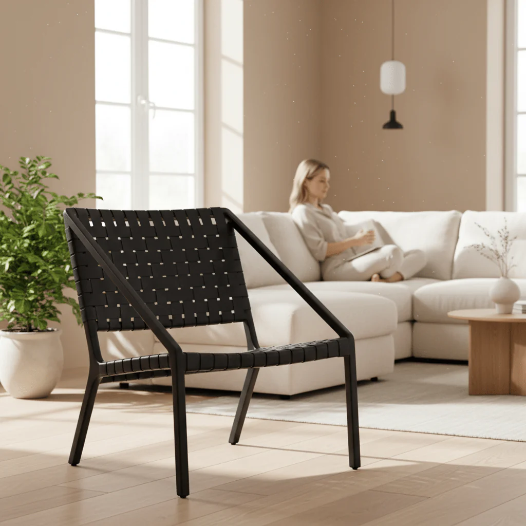 Kendari Black Cow Leather Woven Chair - Image 2