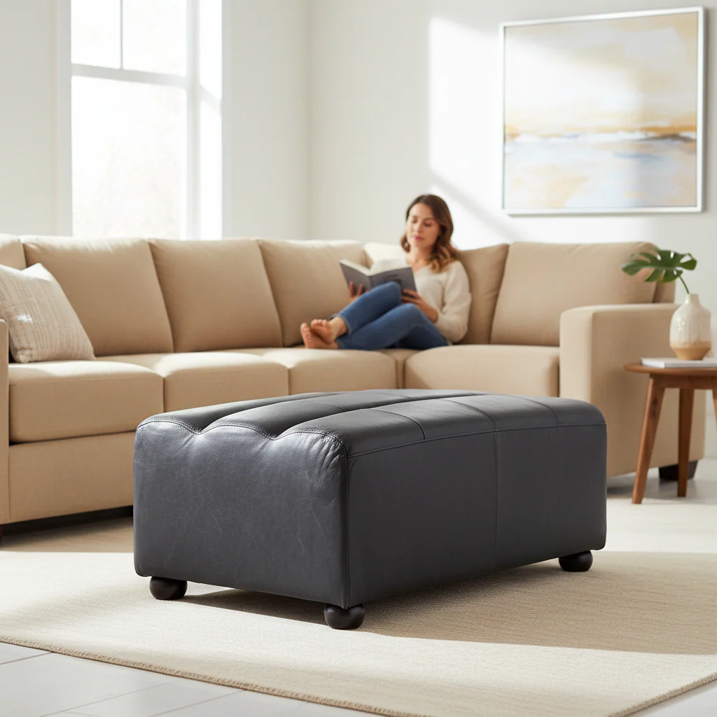 King Distressed Slate Leather Ottoman - Image 2
