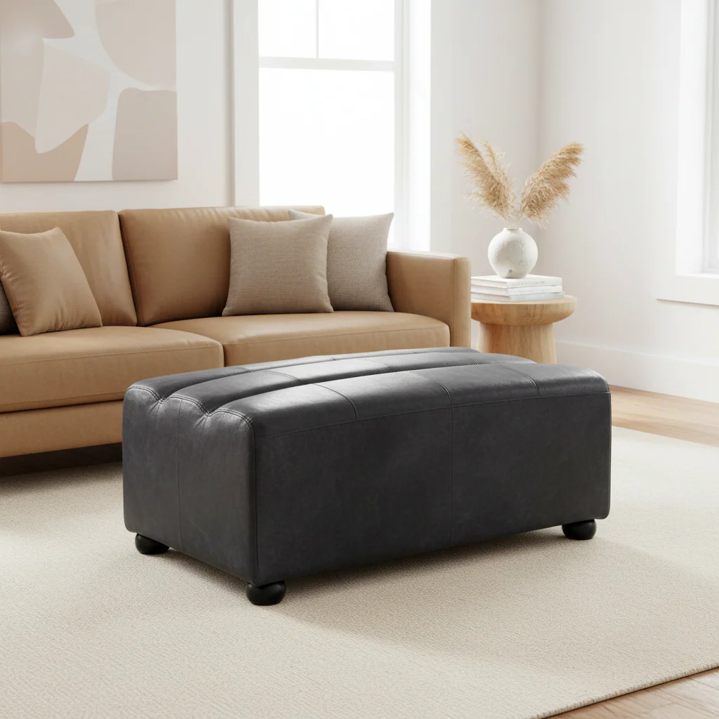 King Distressed Slate Leather Ottoman - Image 4