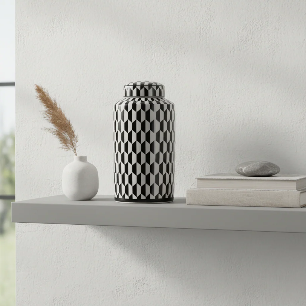Marlo Large Black And White Geometric Print Ceramic Jar - Image 3