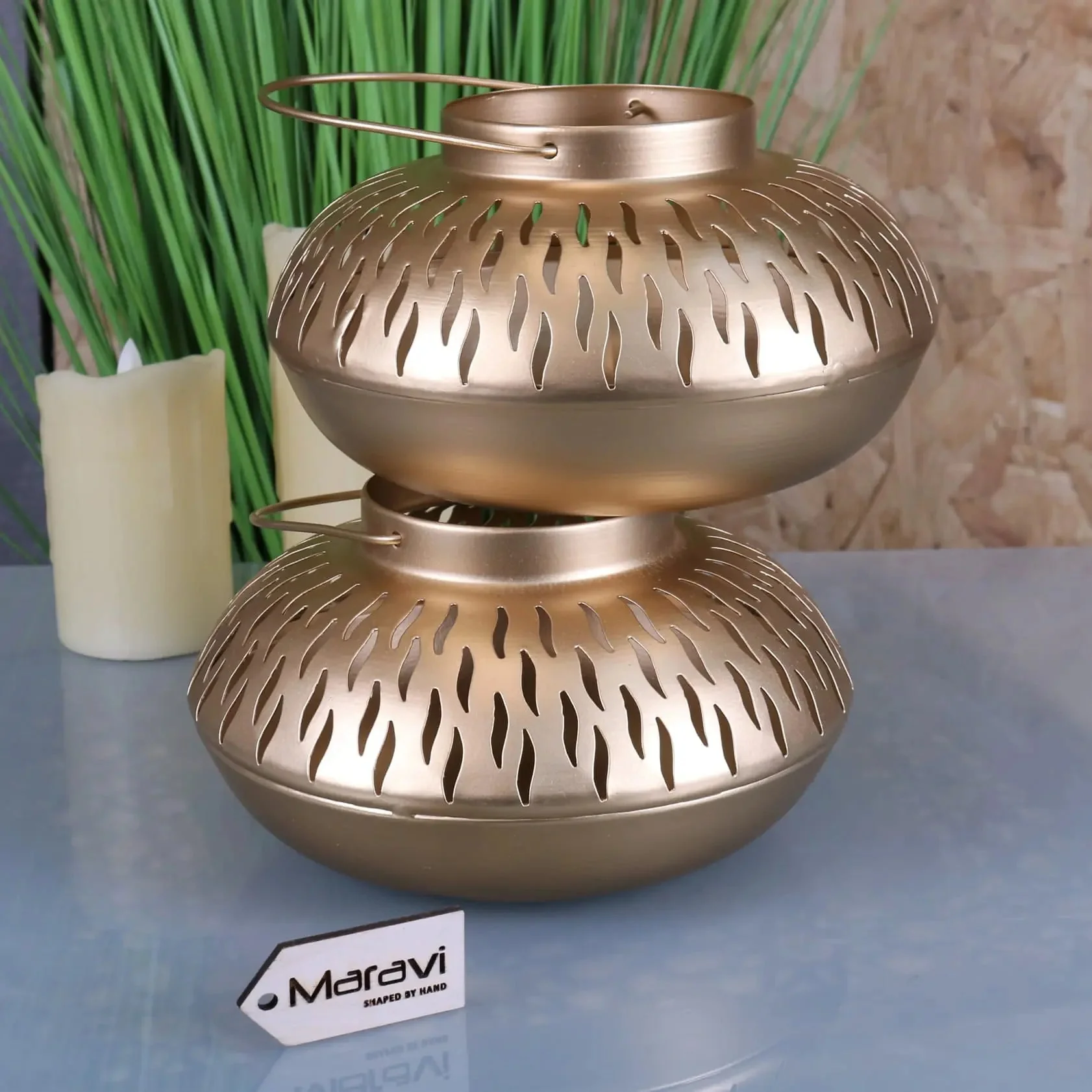 Mohra Set of 2 Moroccan Gold Candle Lantern - Image 4