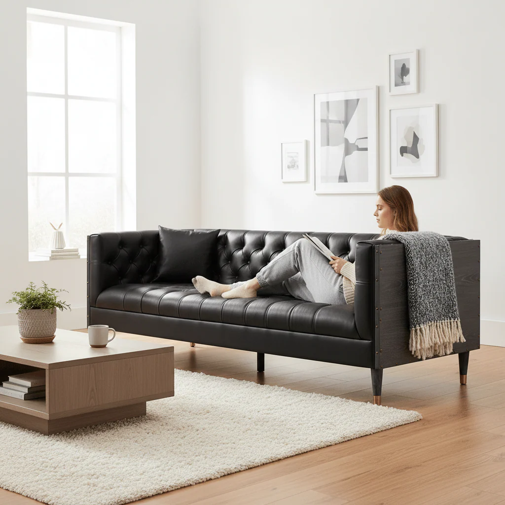 Raven 3 Seat Black Faux Leather Sofa - Image 2