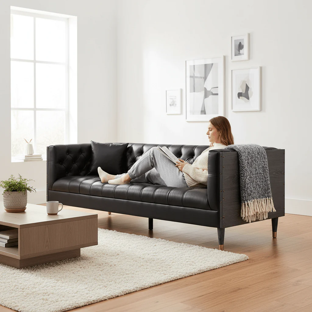 Raven 3 Seat Black Faux Leather Sofa - Image 5
