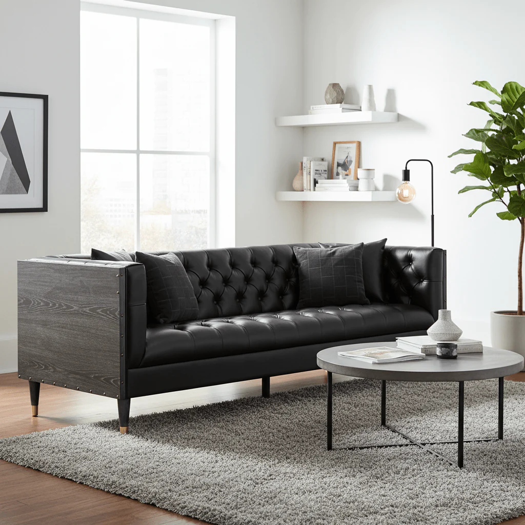 Raven 3 Seat Black Faux Leather Sofa - Image 6