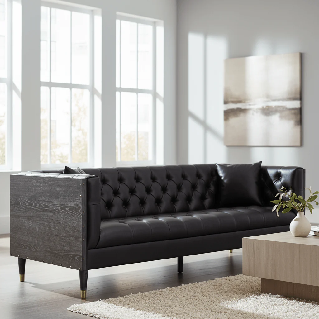 Raven 3 Seat Black Faux Leather Sofa - Image 9
