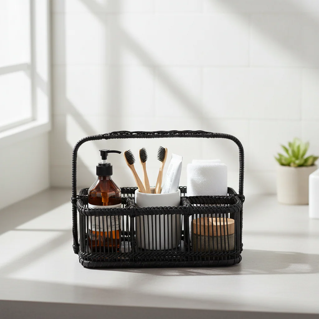 Rustic Black Rattan And Bamboo Caddy Bask - Image 4
