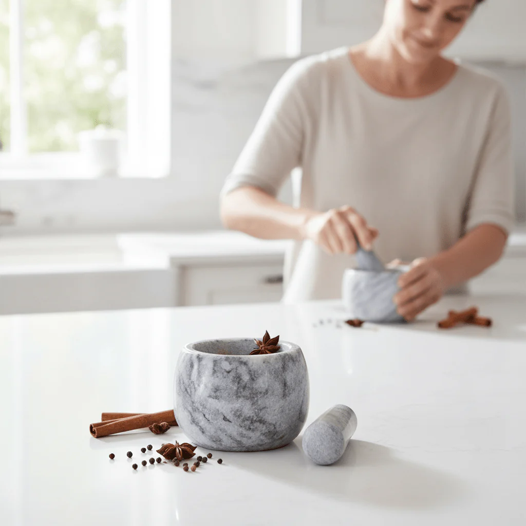 Salerno Grey Marble Clean Sided Mortar And Pestle - Image 2