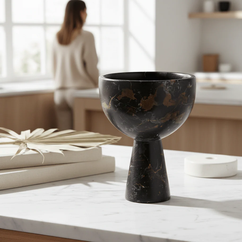 Salmo Small Black Marble Pedestal Bowl - Image 2