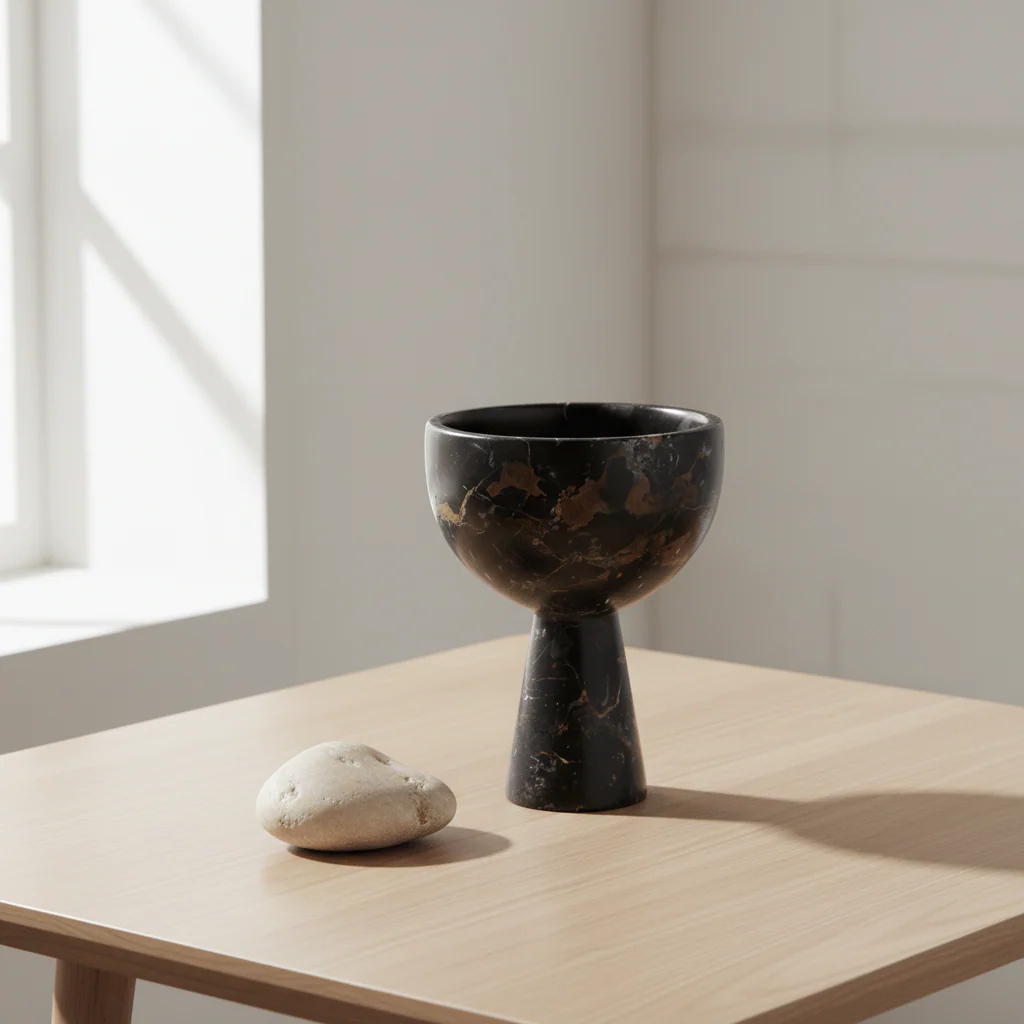 Salmo Small Black Marble Pedestal Bowl - Image 3