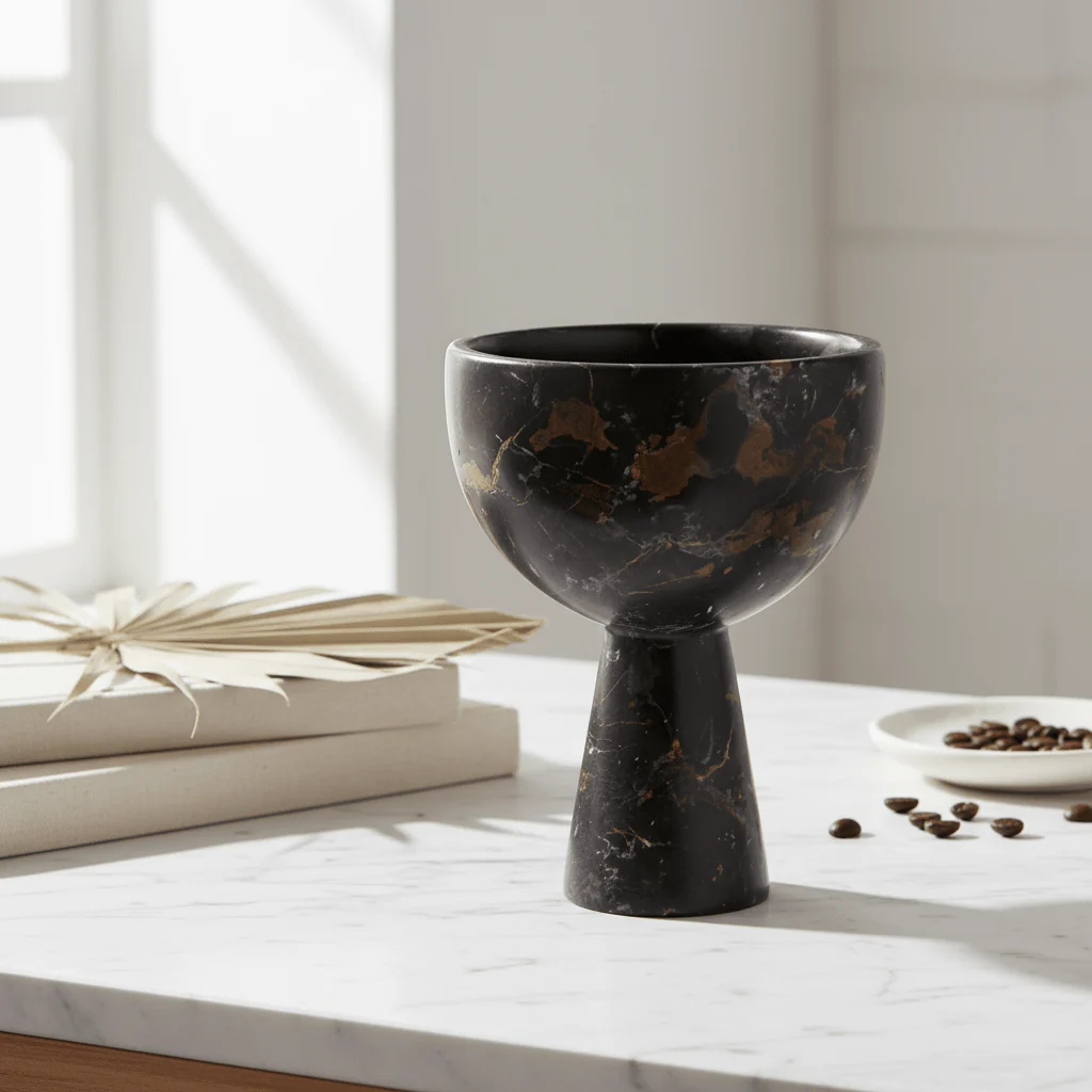 Salmo Small Black Marble Pedestal Bowl - Image 4