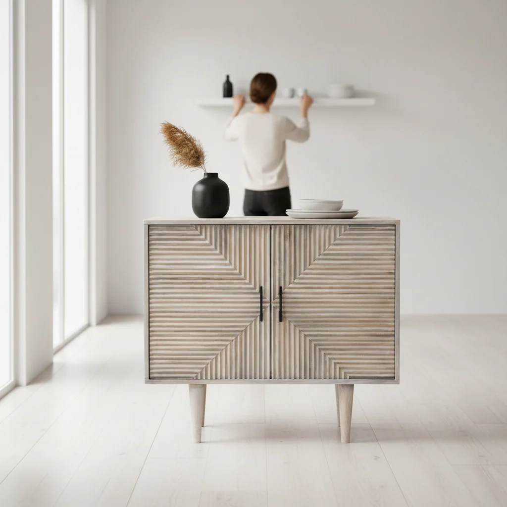 Satna Jute Black and White Design Mango Wood Sideboard - Image 2