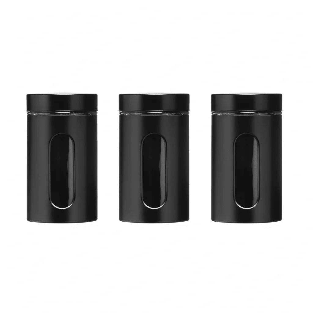 Set Of Three Clear And Black Storage Jars
