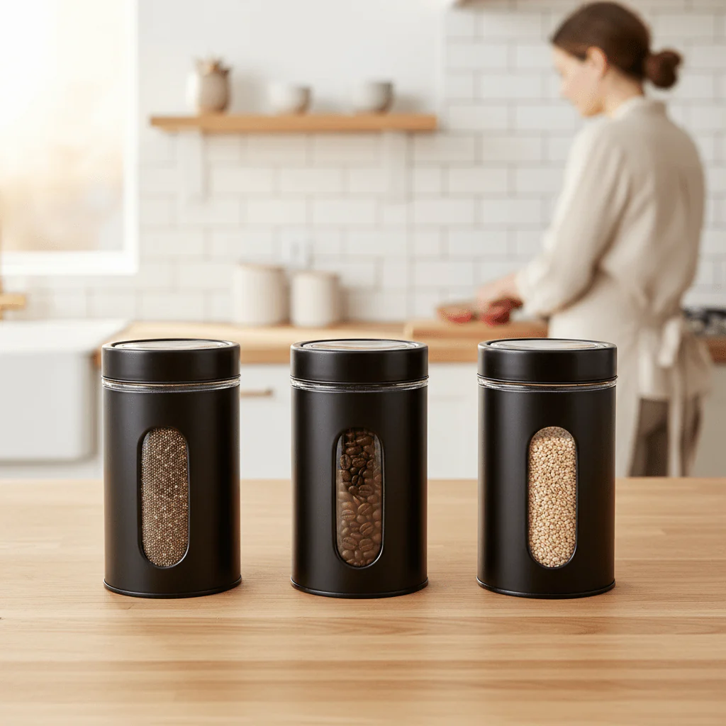 Set Of Three Clear And Black Storage Jars - Image 2