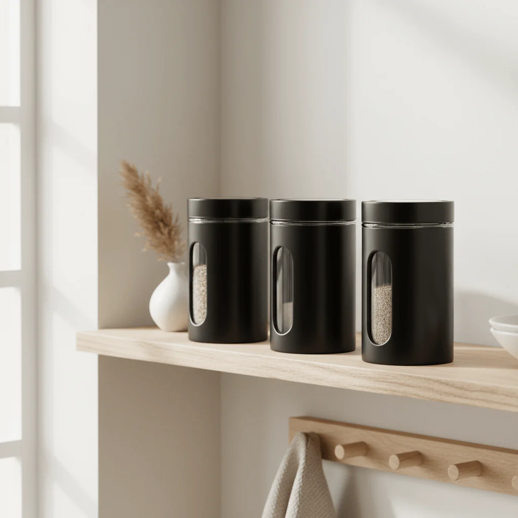 Set Of Three Clear And Black Storage Jars - Image 3