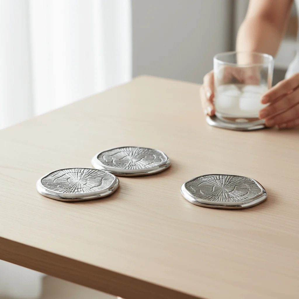 Silva Set Of Four Oak Effect Silver Top Coasters - Image 2