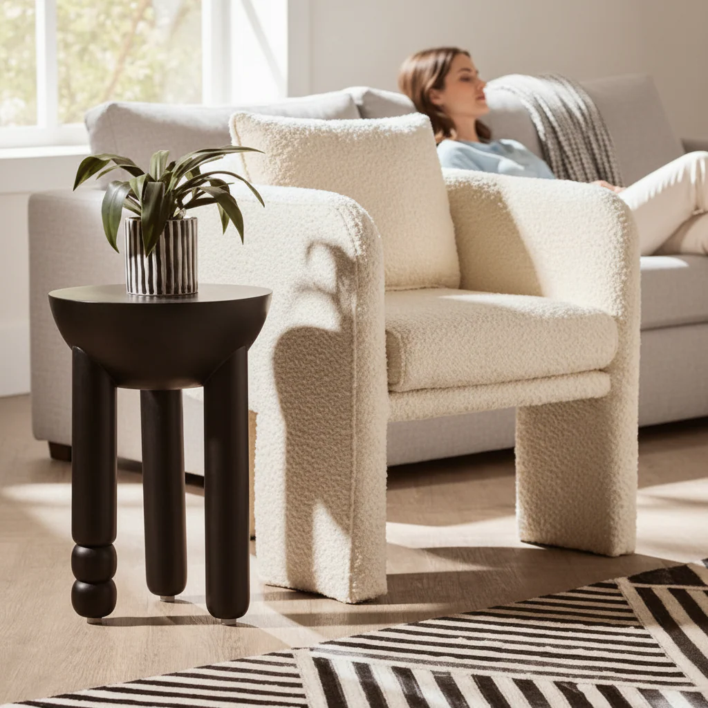Walsa Black Finish Mango Wood Column Detail Round Side Table - Image 2