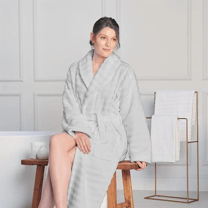 Women's Hydro Ribbed Ultra Soft 100% Cotton Hooded Bath Robes with Pockets and Belt Luxury Terry Towelling Loungewear Sleepwear in White and Grey - Image 8
